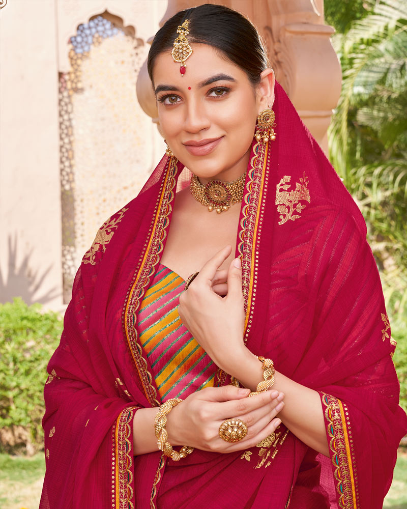 Vishal Prints Vivid Burgundy Designer Chiffon Saree With Foil Print And Fancy Border