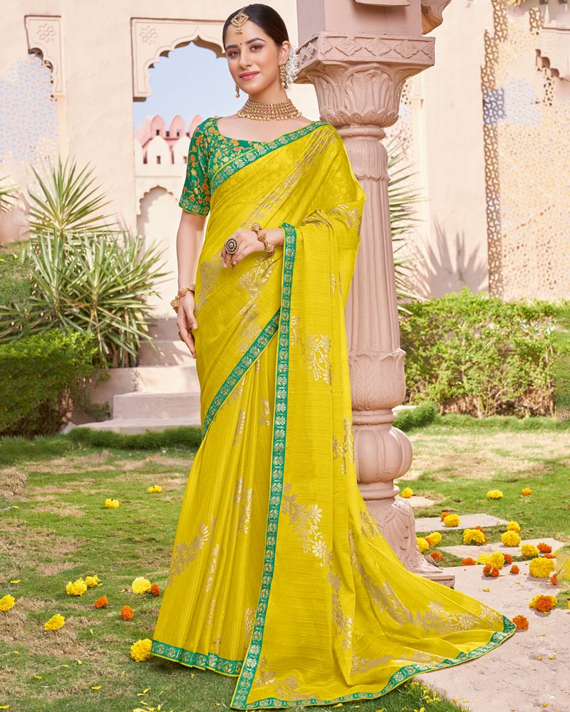 Vishal Prints Bright Yellow Designer Chiffon Saree With Foil Print And Fancy Border
