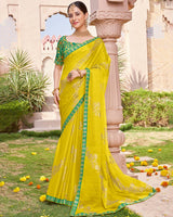 Vishal Prints Bright Yellow Designer Chiffon Saree With Foil Print And Fancy Border