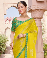 Vishal Prints Bright Yellow Designer Chiffon Saree With Foil Print And Fancy Border