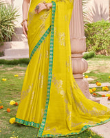 Vishal Prints Bright Yellow Designer Chiffon Saree With Foil Print And Fancy Border