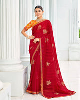 Vishal Prints Milano Red Designer Chiffon Saree With Foil Print And Fancy Border