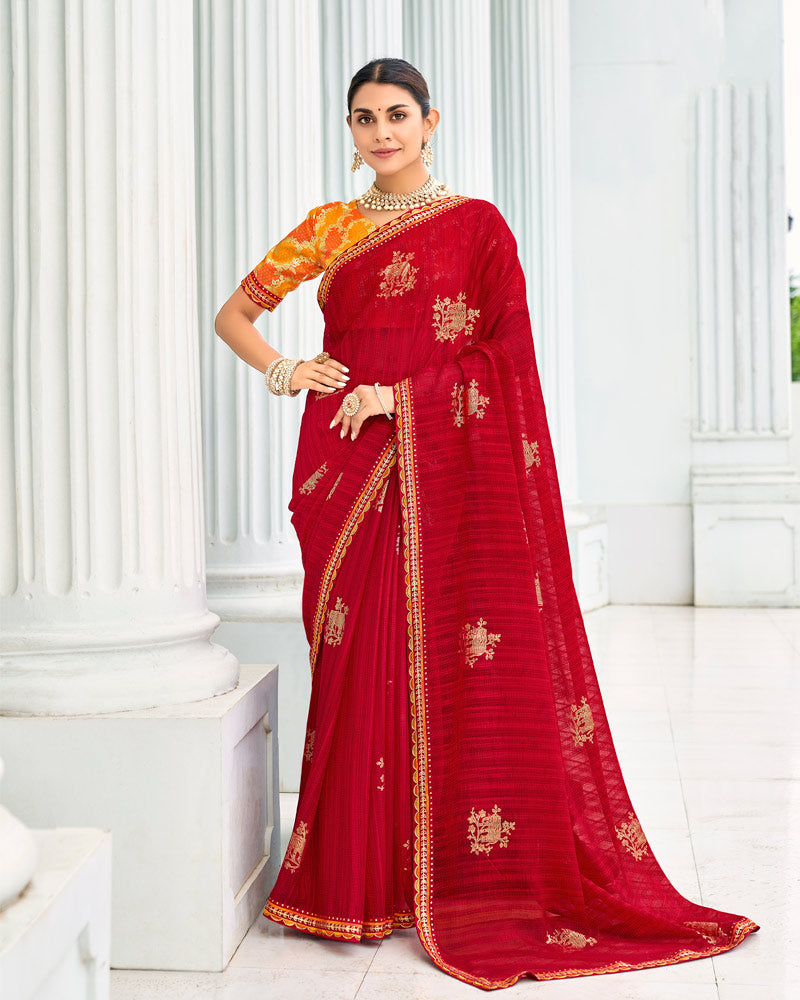 Vishal Prints Milano Red Designer Chiffon Saree With Foil Print And Fancy Border
