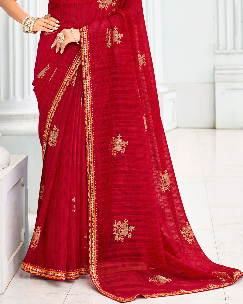 Vishal Prints Milano Red Designer Chiffon Saree With Foil Print And Fancy Border