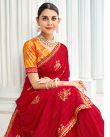 Vishal Prints Milano Red Designer Chiffon Saree With Foil Print And Fancy Border