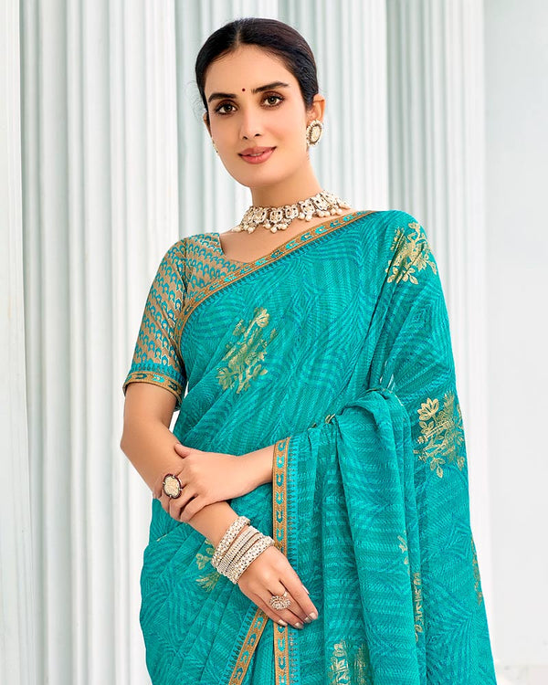 Vishal Prints Teal Green Designer Chiffon Saree With Foil Print And Fancy Border