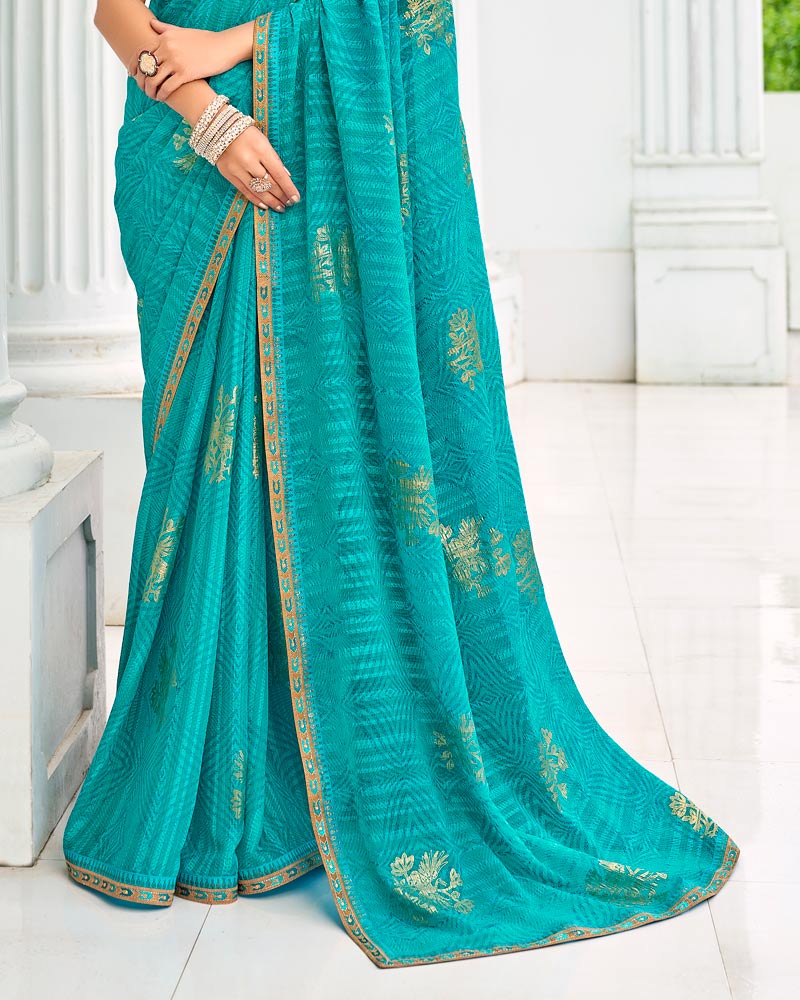 Vishal Prints Teal Green Designer Chiffon Saree With Foil Print And Fancy Border