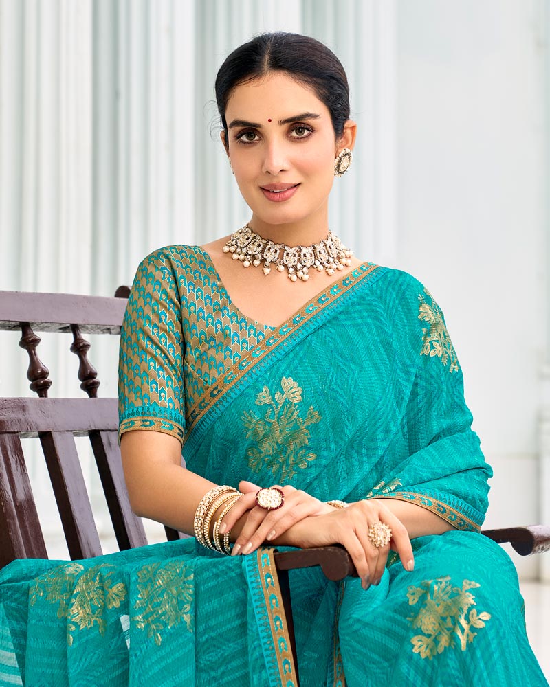 Vishal Prints Teal Green Designer Chiffon Saree With Foil Print And Fancy Border