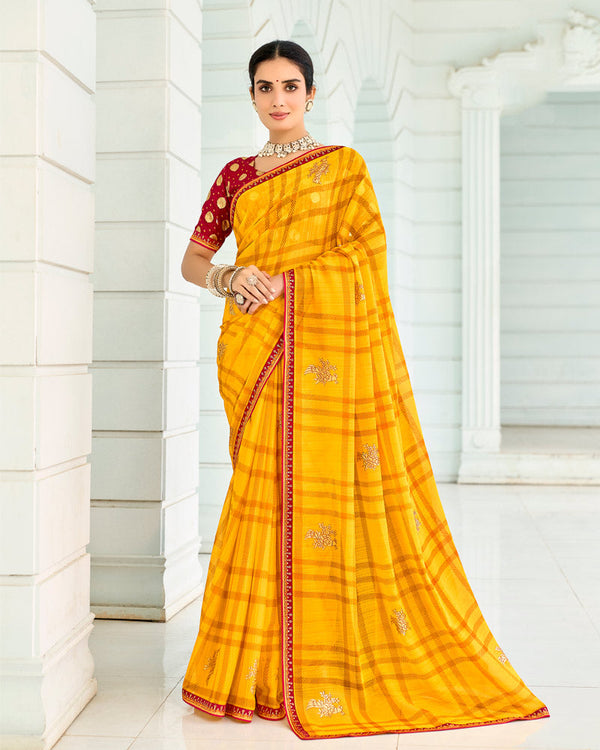 Vishal Prints Orangey Yellow Designer Chiffon Saree With Foil Print And Fancy Border