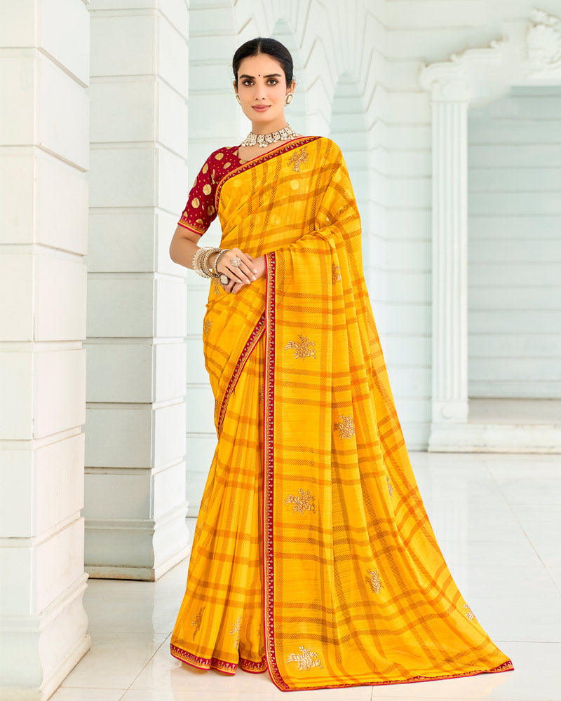 Vishal Prints Orangey Yellow Designer Chiffon Saree With Foil Print And Fancy Border