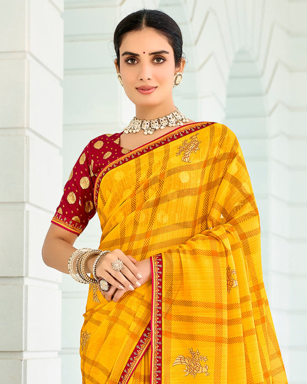 Vishal Prints Orangey Yellow Designer Chiffon Saree With Foil Print And Fancy Border