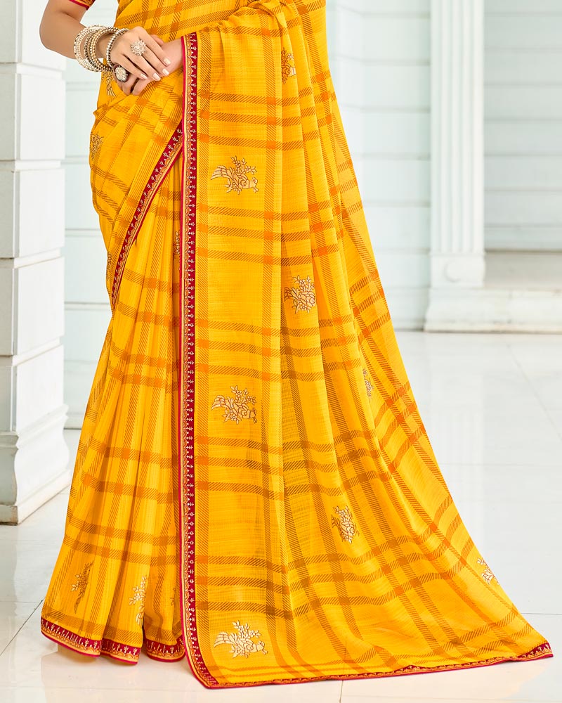 Vishal Prints Orangey Yellow Designer Chiffon Saree With Foil Print And Fancy Border