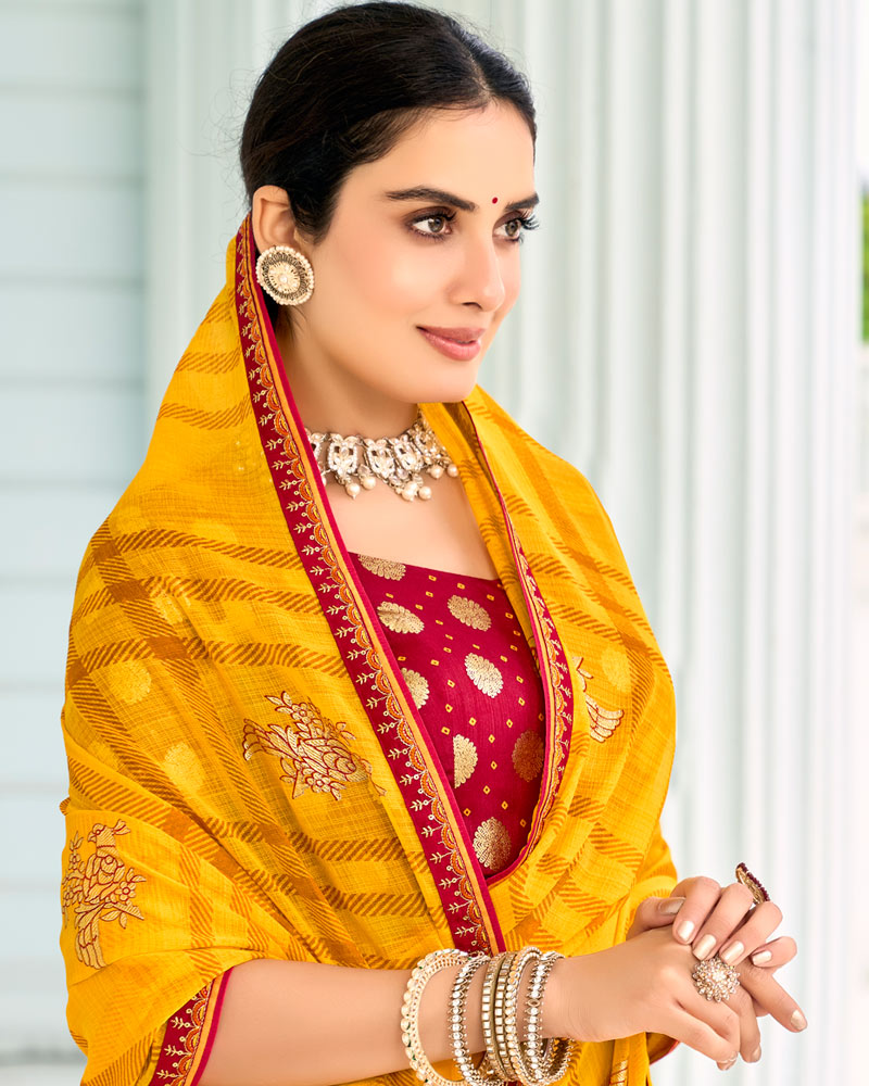 Vishal Prints Orangey Yellow Designer Chiffon Saree With Foil Print And Fancy Border