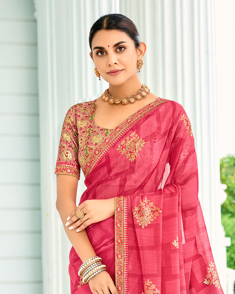 Vishal Prints Watermelon Pink Designer Chiffon Saree With Foil Print And Fancy Border
