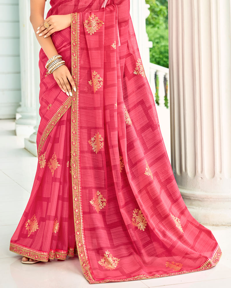 Vishal Prints Watermelon Pink Designer Chiffon Saree With Foil Print And Fancy Border