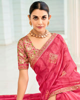 Vishal Prints Watermelon Pink Designer Chiffon Saree With Foil Print And Fancy Border