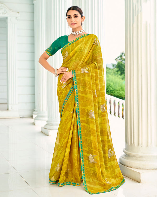 Vishal Prints Dusty Yellow Designer Chiffon Saree With Foil Print And Fancy Border