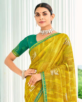 Vishal Prints Dusty Yellow Designer Chiffon Saree With Foil Print And Fancy Border