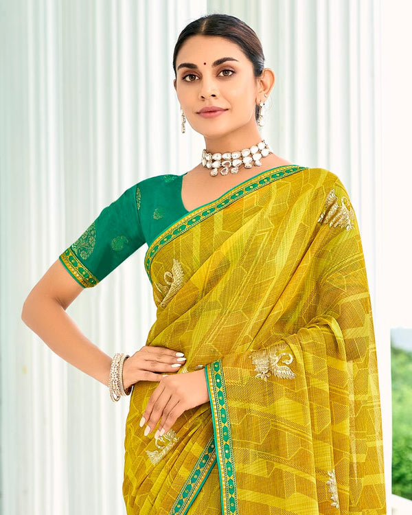 Vishal Prints Dusty Yellow Designer Chiffon Saree With Foil Print And Fancy Border