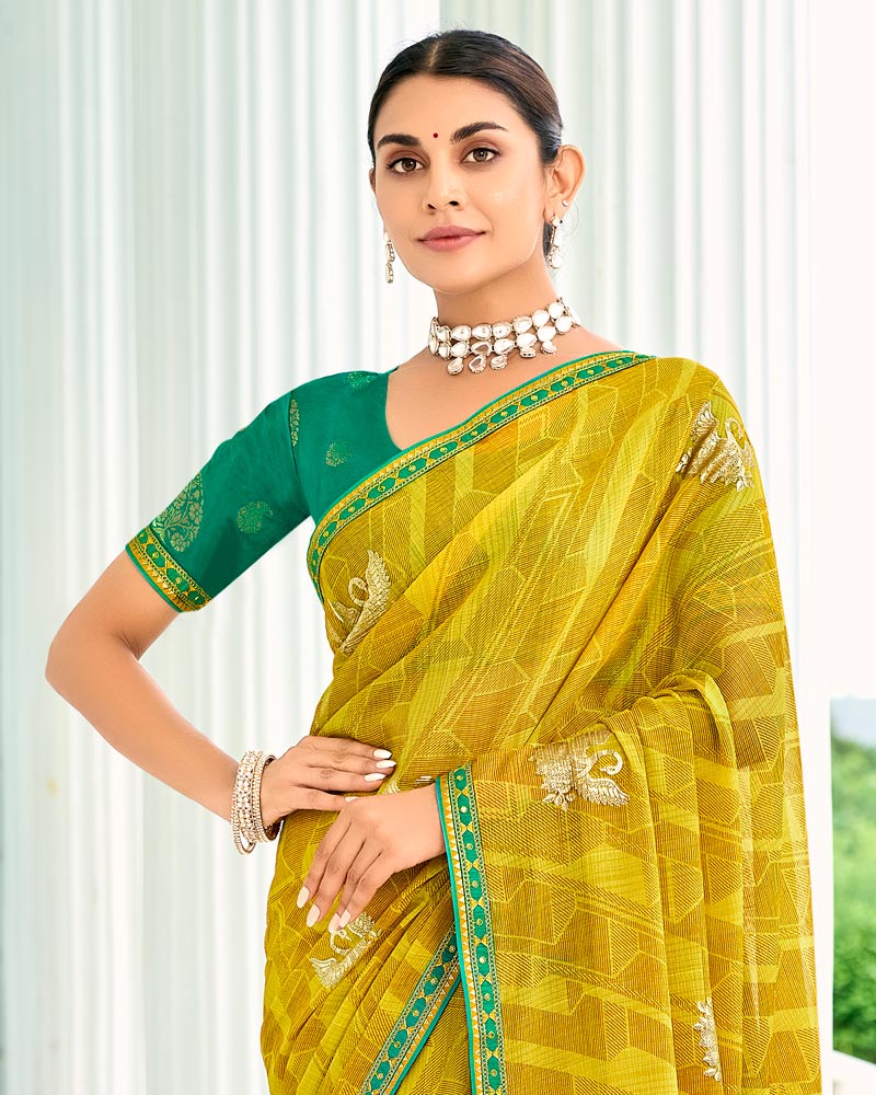 Vishal Prints Dusty Yellow Designer Chiffon Saree With Foil Print And Fancy Border