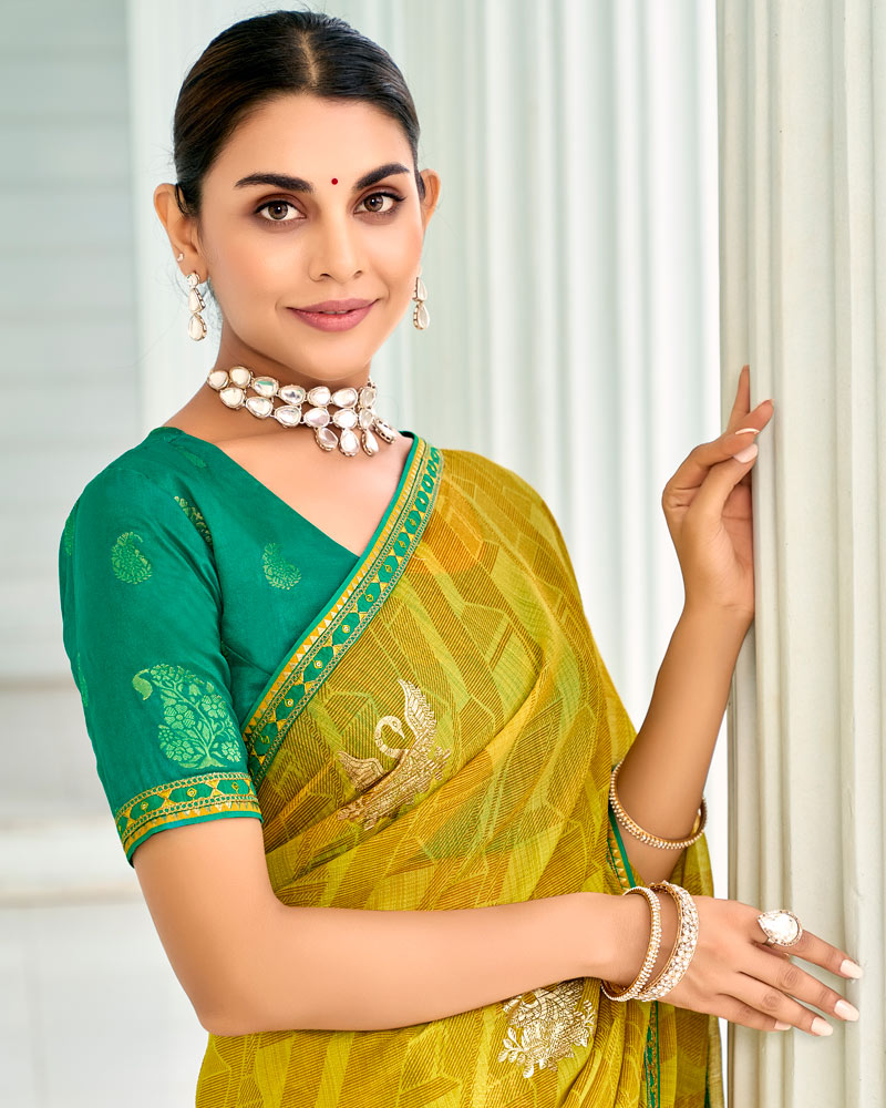 Vishal Prints Dusty Yellow Designer Chiffon Saree With Foil Print And Fancy Border