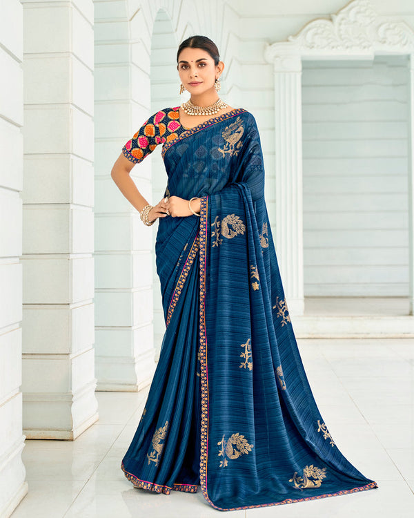 Vishal Prints Regal Blue Designer Chiffon Saree With Foil Print And Fancy Border