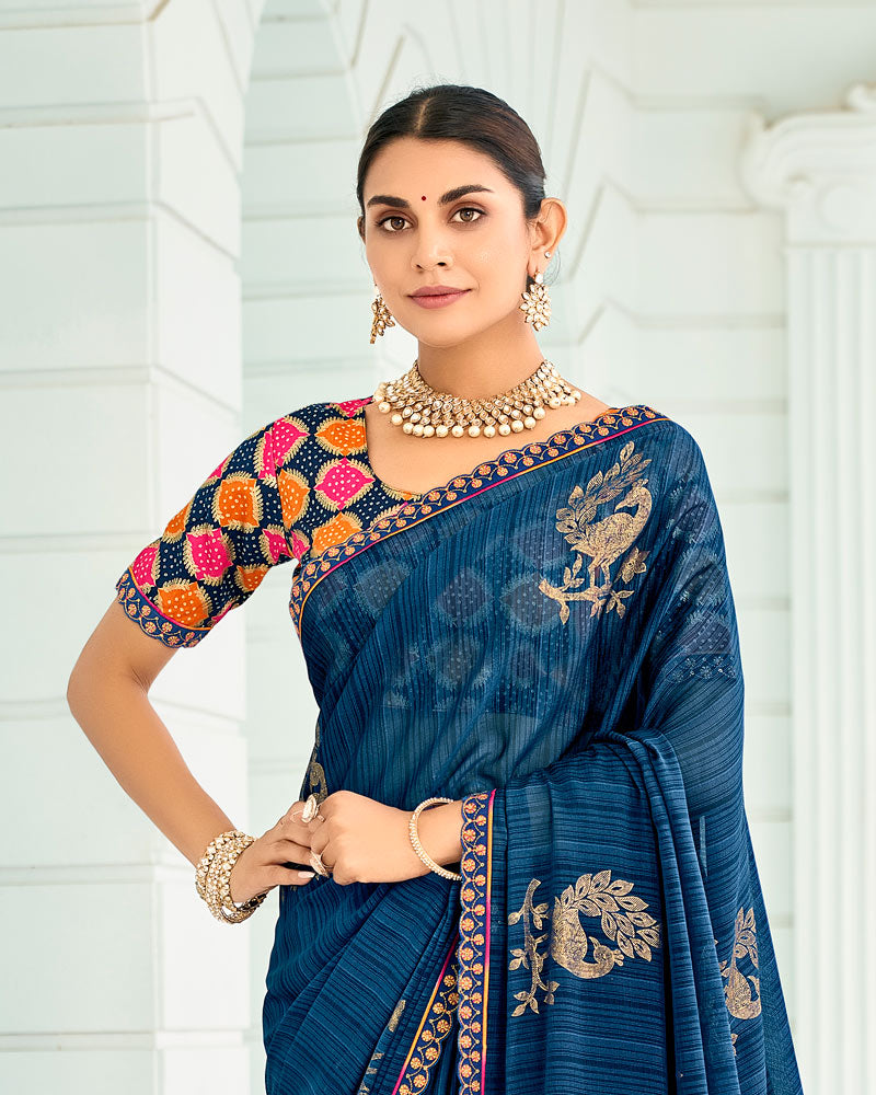 Vishal Prints Regal Blue Designer Chiffon Saree With Foil Print And Fancy Border