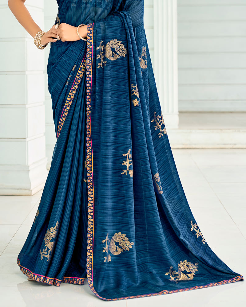 Vishal Prints Regal Blue Designer Chiffon Saree With Foil Print And Fancy Border