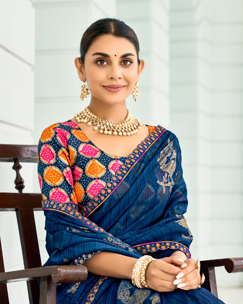 Vishal Prints Regal Blue Designer Chiffon Saree With Foil Print And Fancy Border