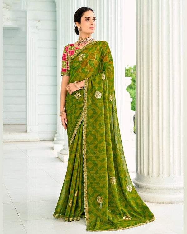 Vishal Prints Mehandi Green Designer Chiffon Saree With Foil Print And Fancy Border
