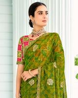 Vishal Prints Mehandi Green Designer Chiffon Saree With Foil Print And Fancy Border