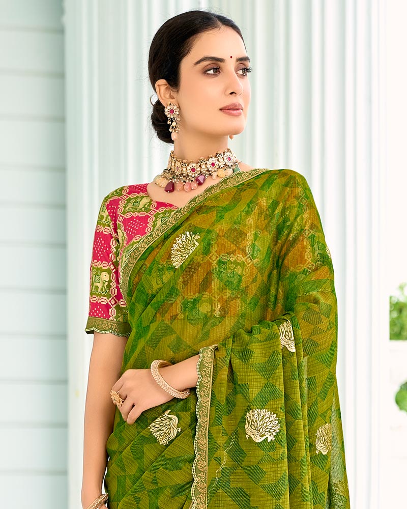 Vishal Prints Mehandi Green Designer Chiffon Saree With Foil Print And Fancy Border