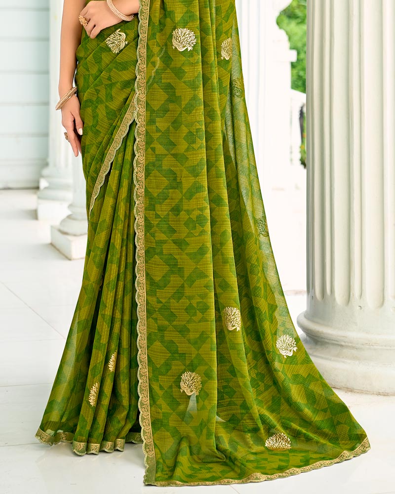 Vishal Prints Mehandi Green Designer Chiffon Saree With Foil Print And Fancy Border