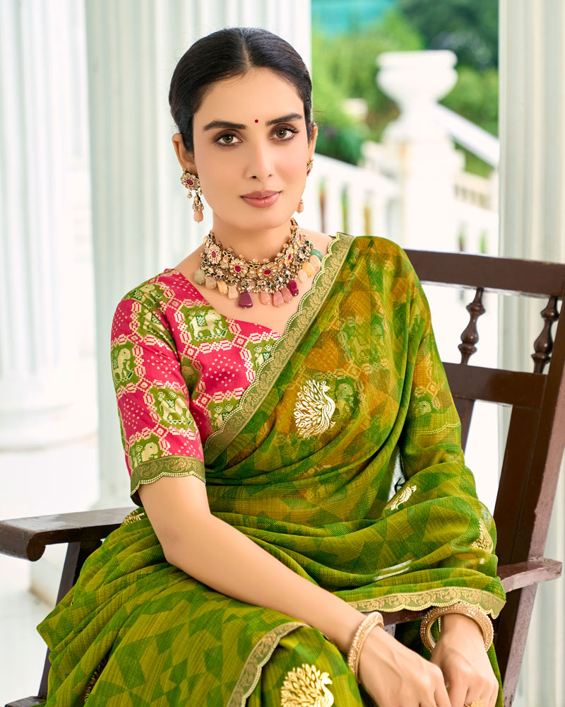 Vishal Prints Mehandi Green Designer Chiffon Saree With Foil Print And Fancy Border