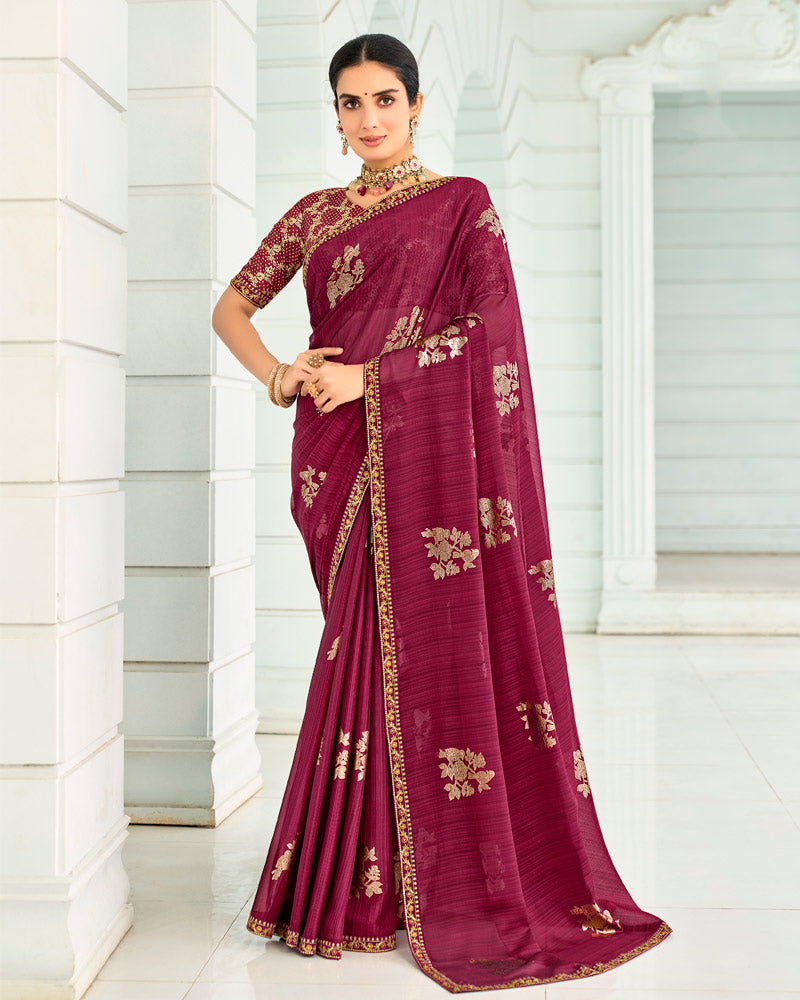 Vishal Prints Wineberry Designer Chiffon Saree With Foil Print And Fancy Border