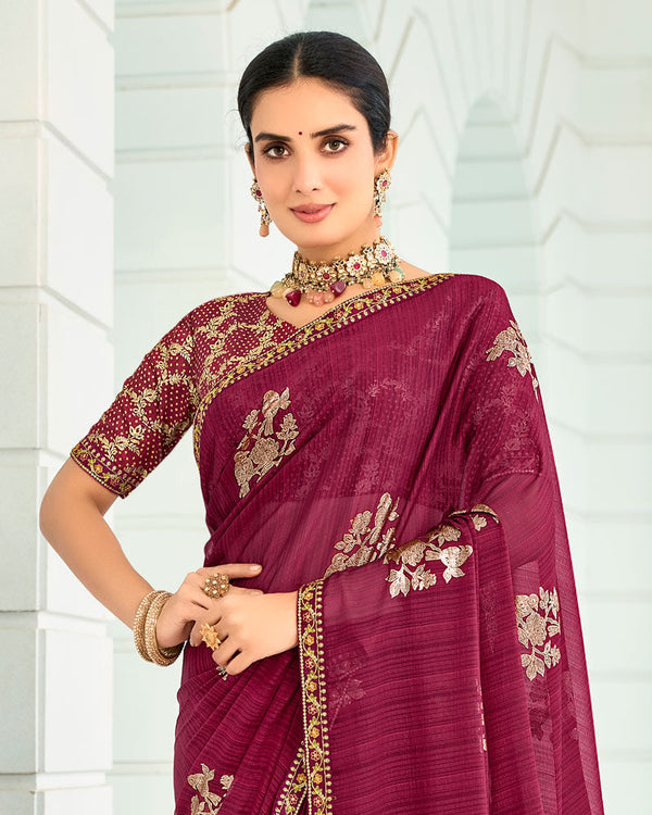 Vishal Prints Wineberry Designer Chiffon Saree With Foil Print And Fancy Border