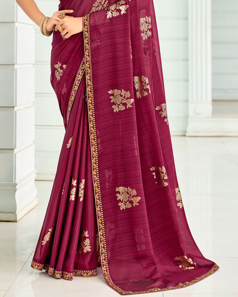 Vishal Prints Wineberry Designer Chiffon Saree With Foil Print And Fancy Border
