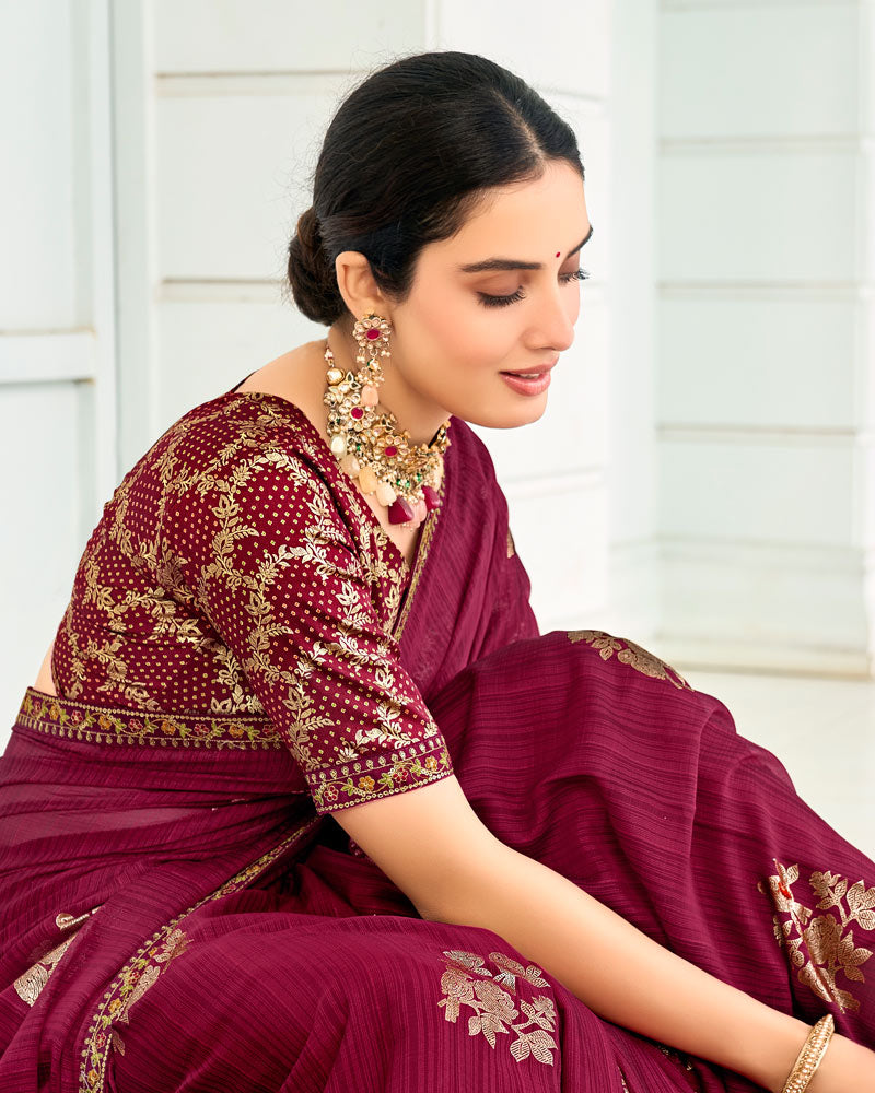 Vishal Prints Wineberry Designer Chiffon Saree With Foil Print And Fancy Border