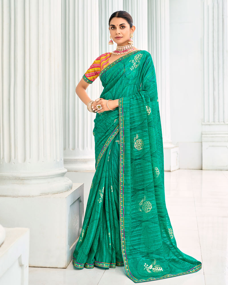 Vishal Prints Pine Green Designer Chiffon Saree With Foil Print And Fancy Border