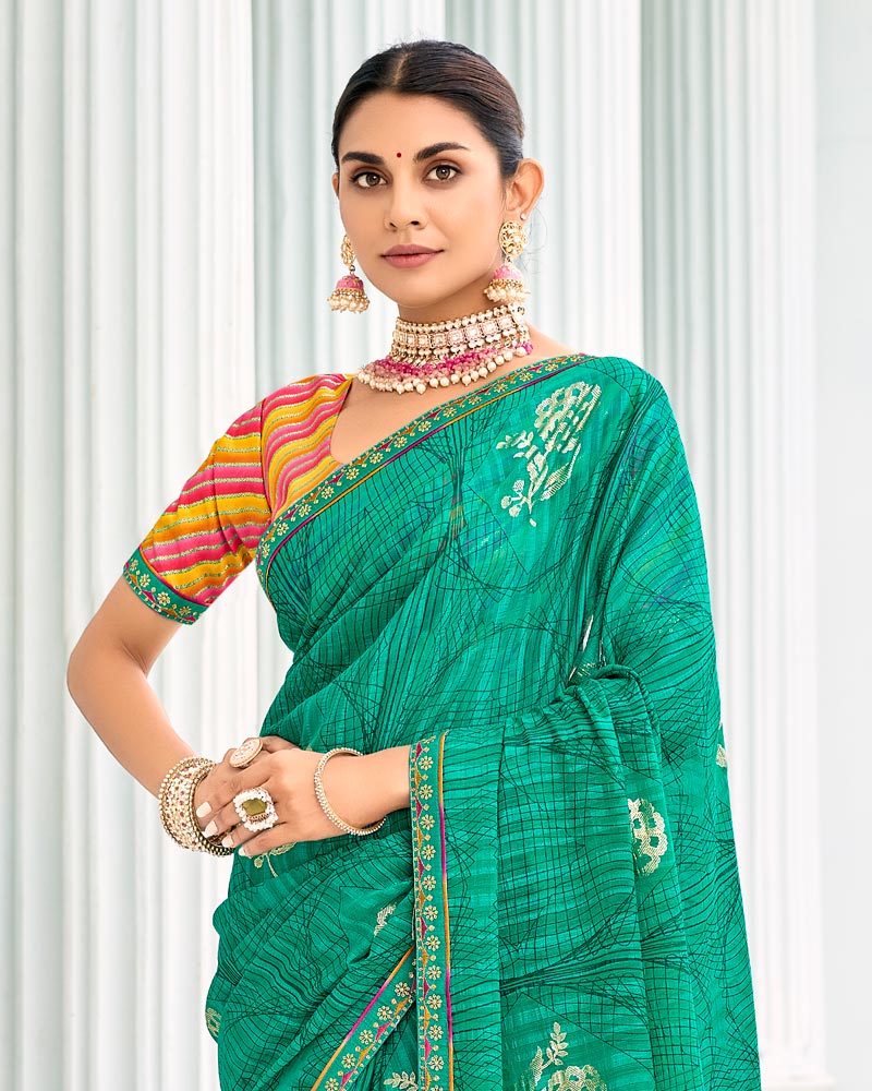 Vishal Prints Pine Green Designer Chiffon Saree With Foil Print And Fancy Border