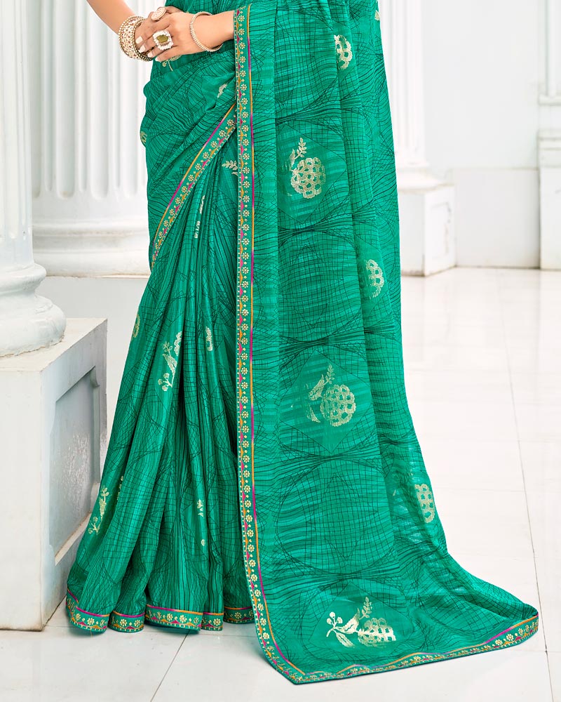 Vishal Prints Pine Green Designer Chiffon Saree With Foil Print And Fancy Border