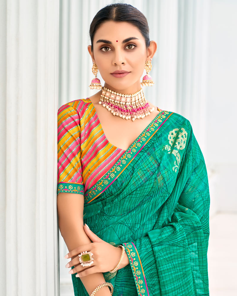 Vishal Prints Pine Green Designer Chiffon Saree With Foil Print And Fancy Border