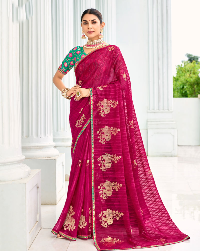 Vishal Prints Purplish Red Designer Chiffon Saree With Foil Print And Fancy Border