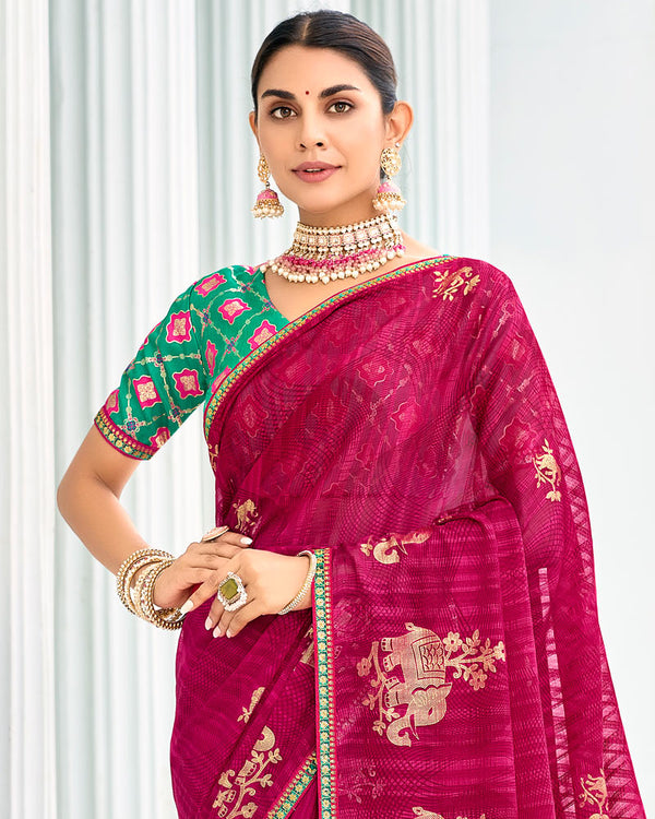 Vishal Prints Purplish Red Designer Chiffon Saree With Foil Print And Fancy Border