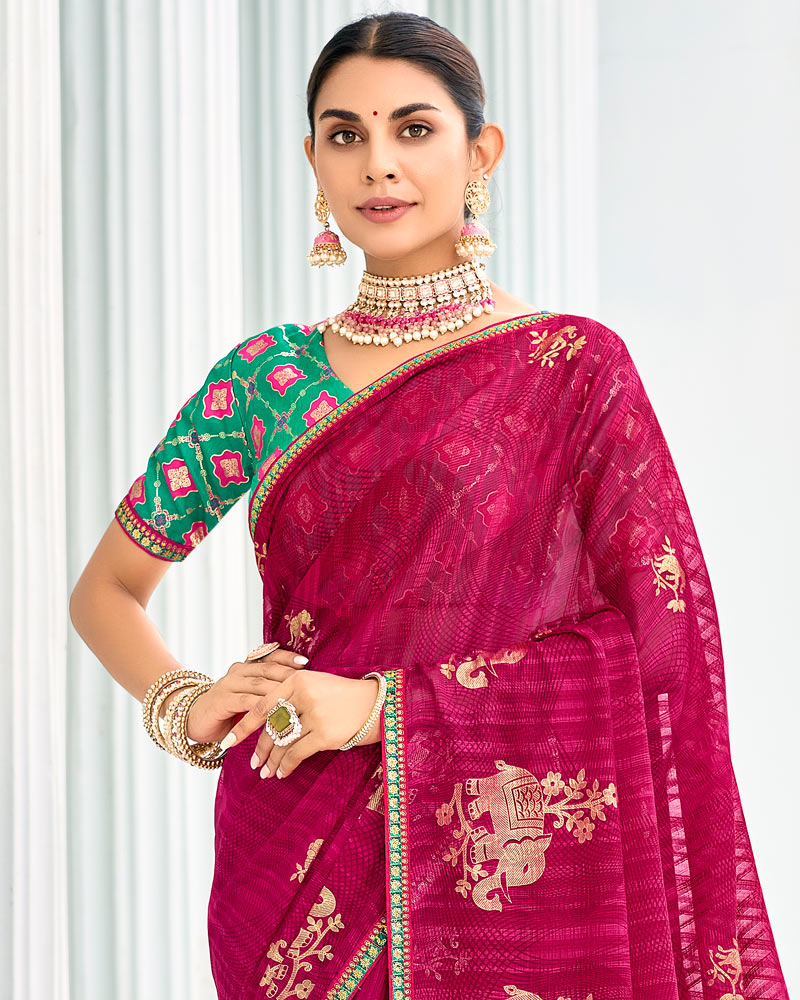 Vishal Prints Purplish Red Designer Chiffon Saree With Foil Print And Fancy Border