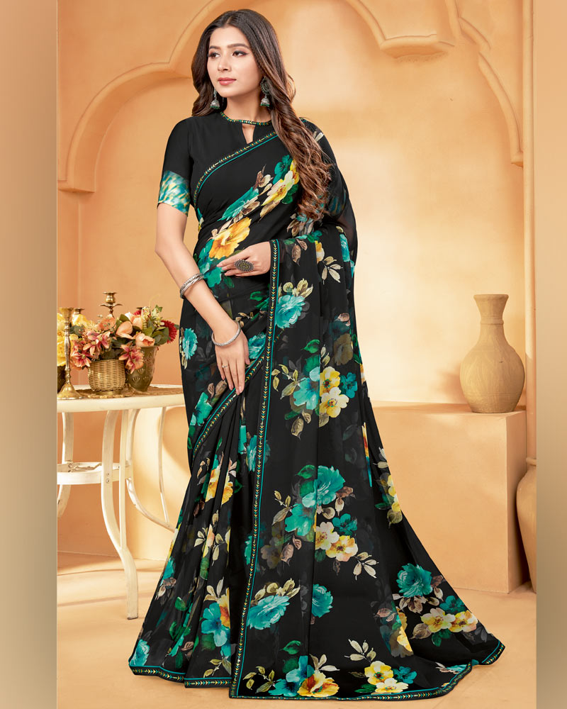 Vishal Prints Black And Pastel Green Digital Print Georgette Saree With Fancy Border