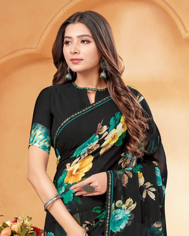 Vishal Prints Black And Pastel Green Digital Print Georgette Saree With Fancy Border