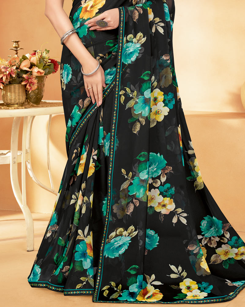 Vishal Prints Black And Pastel Green Digital Print Georgette Saree With Fancy Border