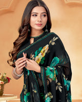 Vishal Prints Black And Pastel Green Digital Print Georgette Saree With Fancy Border