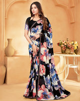 Vishal Prints Black And Dark Coral Digital Print Georgette Saree With Fancy Border